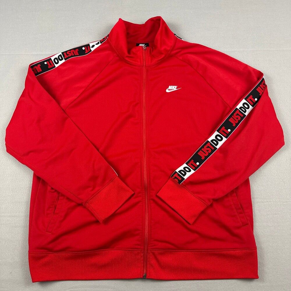 Nike Track Jacket Men 2XL Red Solid Just Do It Logo Tape Full Zip Pockets XXL